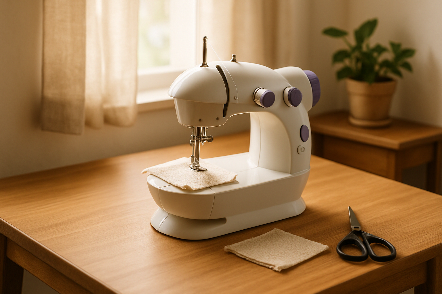 Lifestyle image of a mini sewing machine on a desk