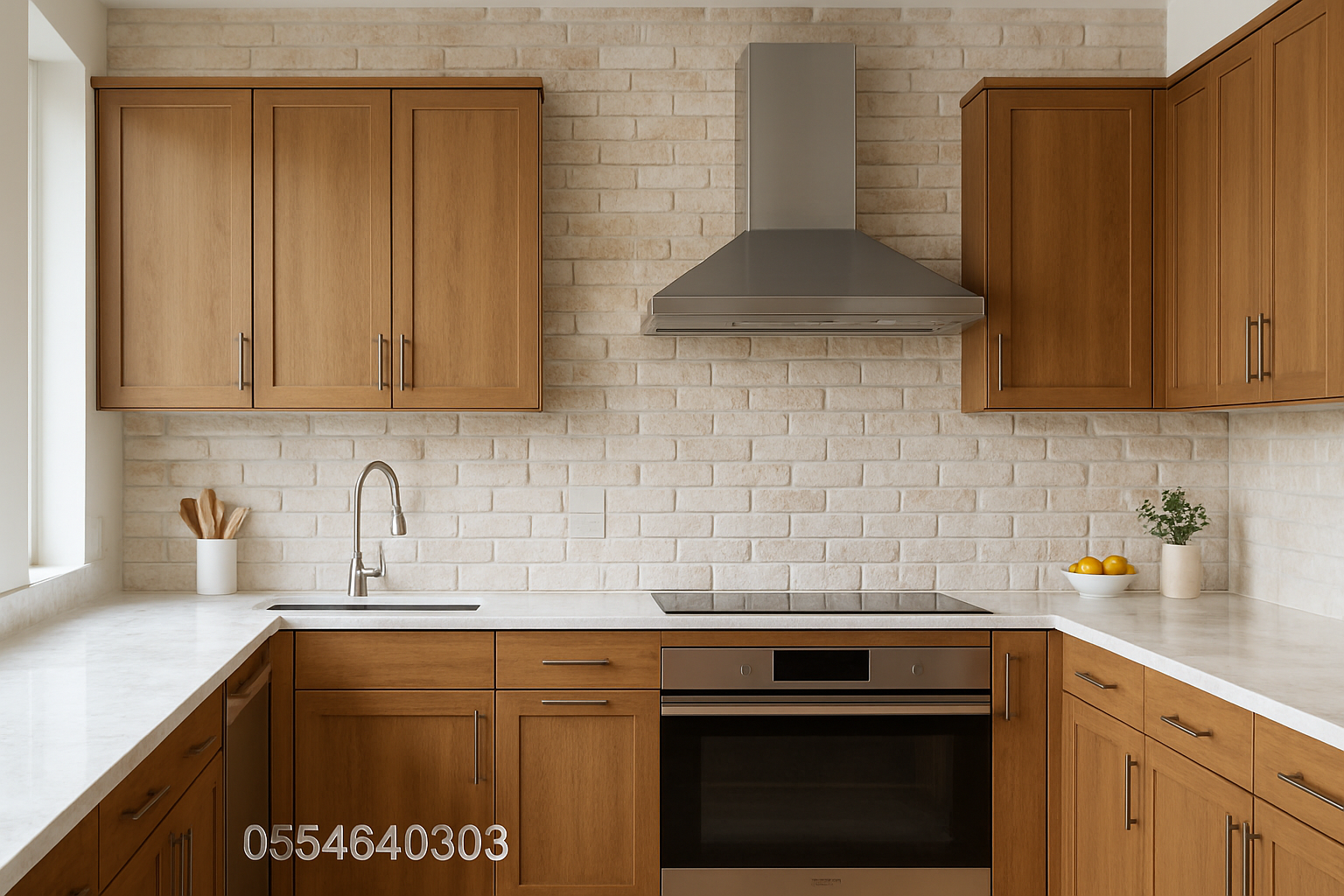 مطبخ عصري بخلفية من حجر البريكس الأبيض