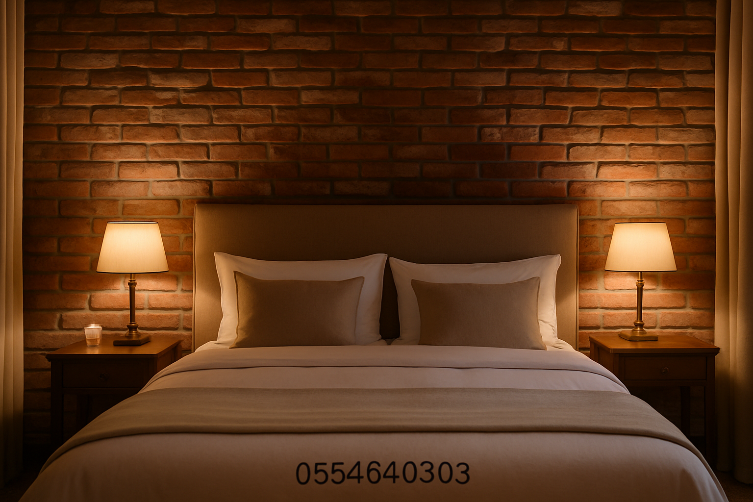 غرفة نوم دافئة بجدار من حجر البريكس الأحمر