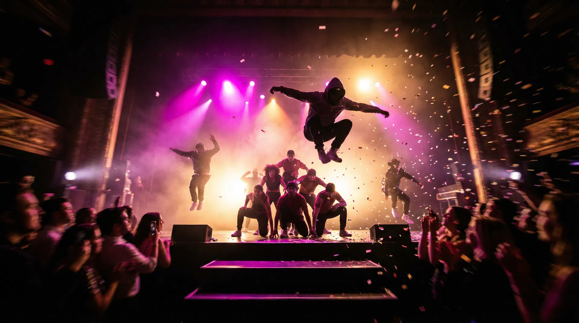 Theatrical dance performance with dramatic stage lighting