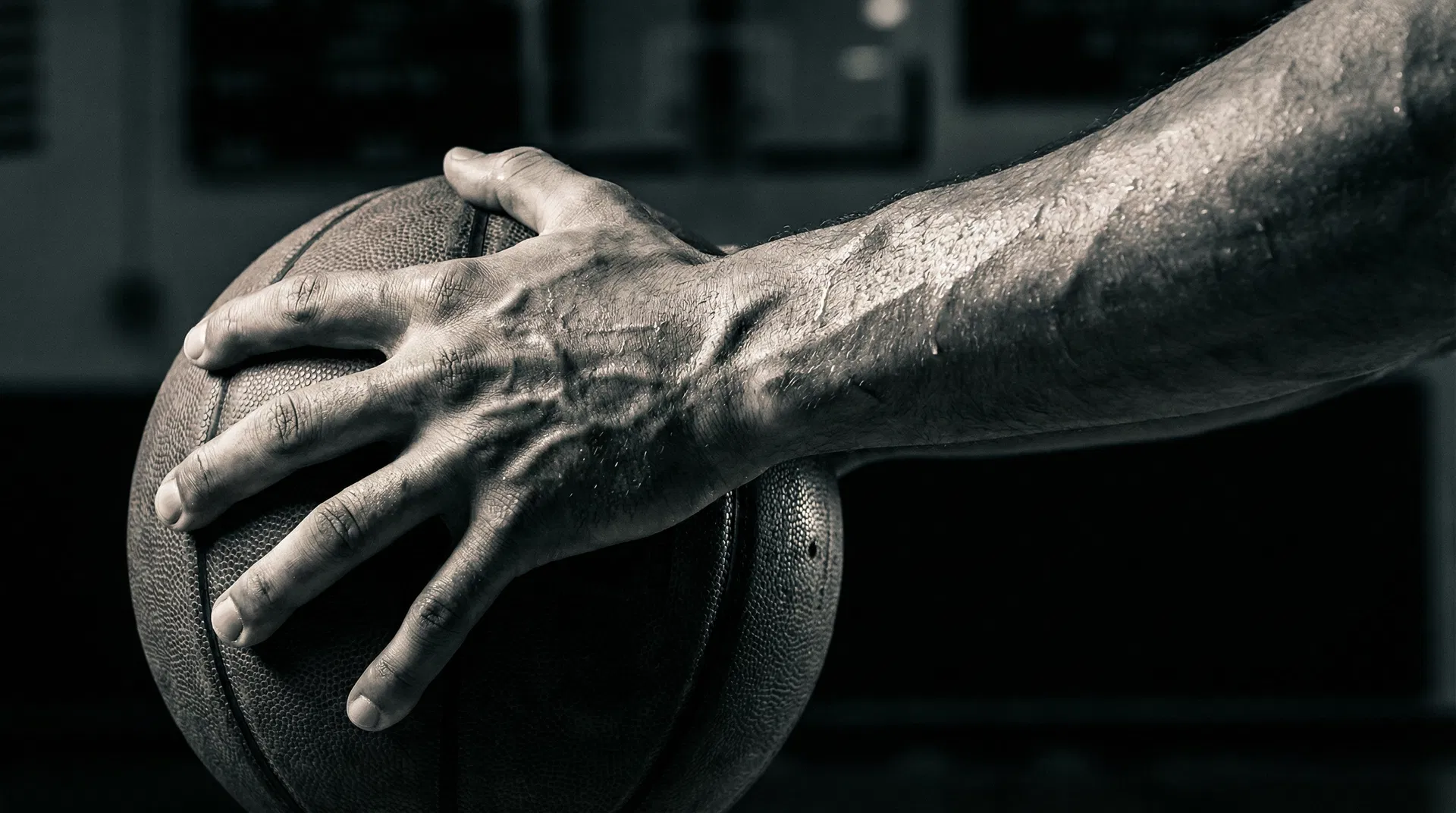 Close-up of athlete's hand gripping basketball