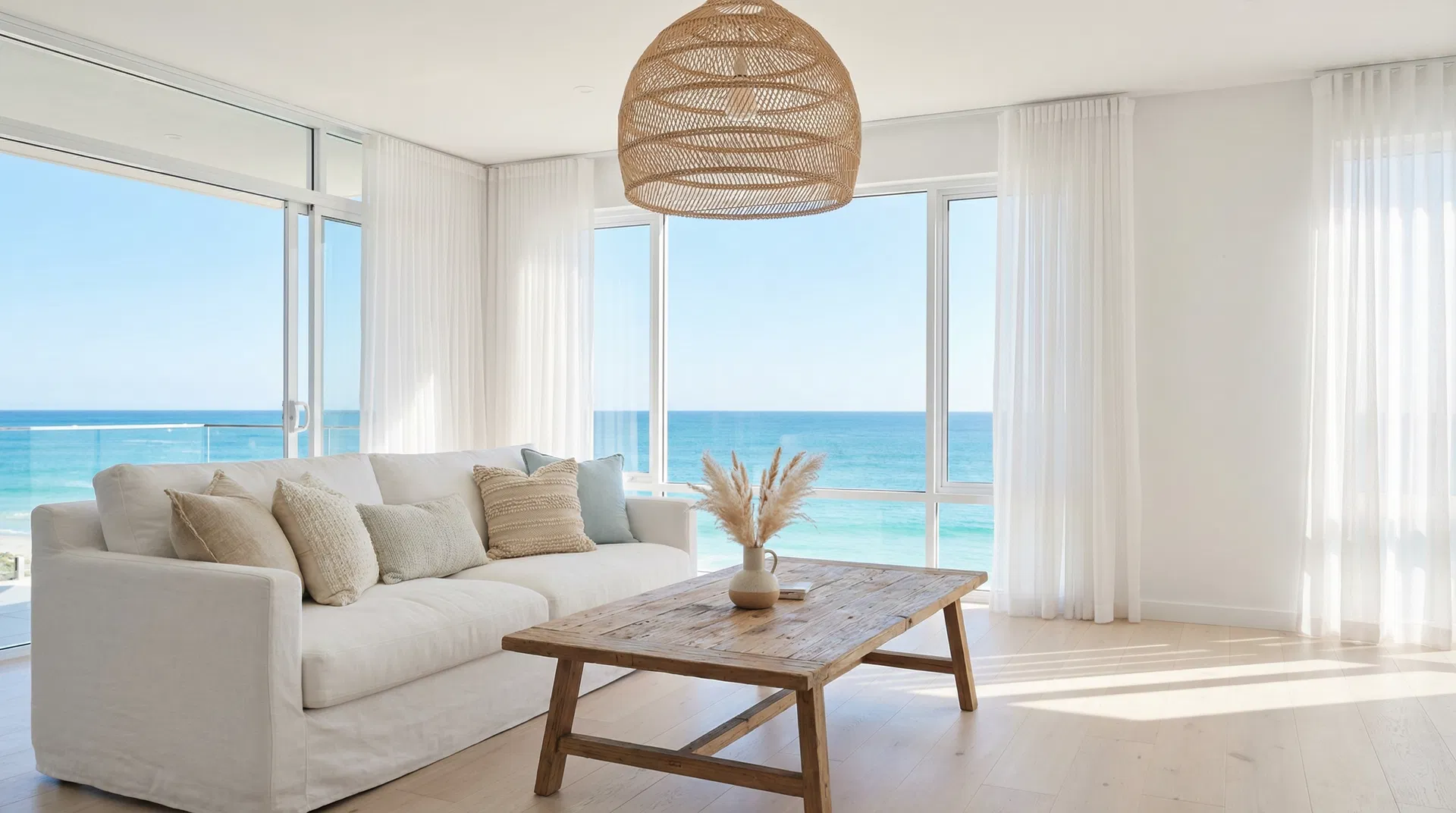 Bright coastal living room with ocean views — premium Airbnb property managed by WanderNest