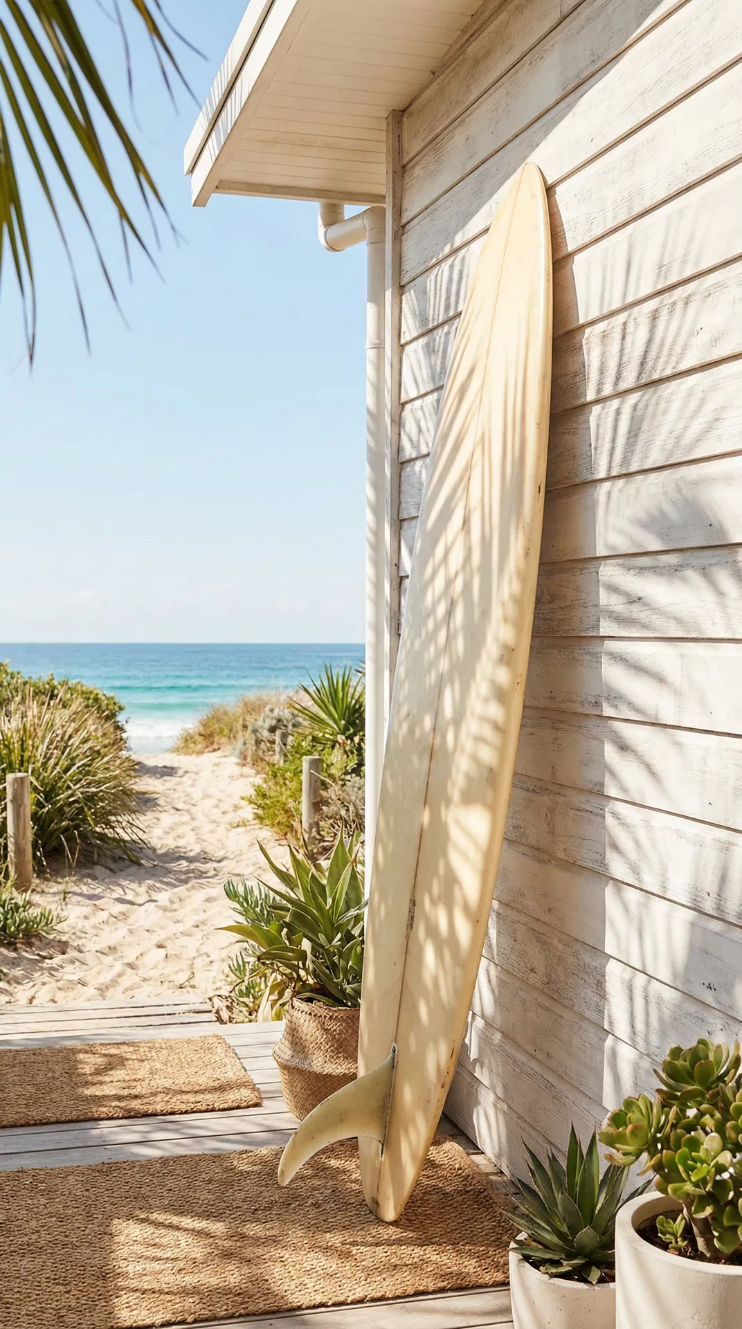 Coastal lifestyle — surfboard leaning against a white wall near the beach