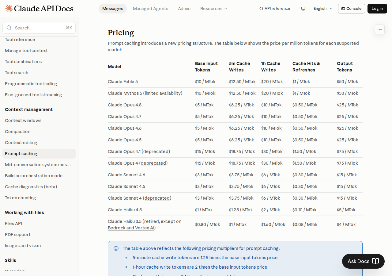 Prompt Caching Pricing - Anthropic API Docs公式より