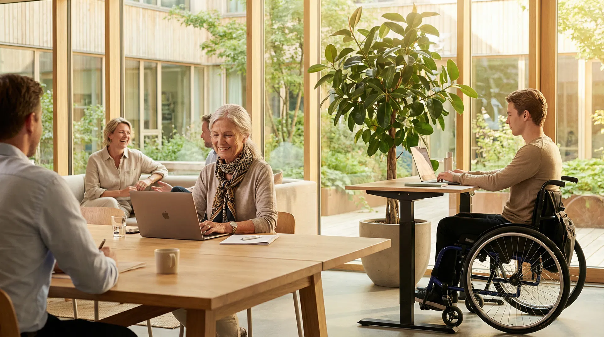 Fleksibelt arbejdsliv – diverse mennesker arbejder i et lyst kontor