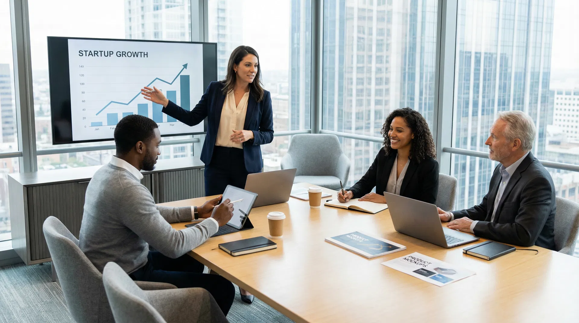 Female founder presenting to mentors