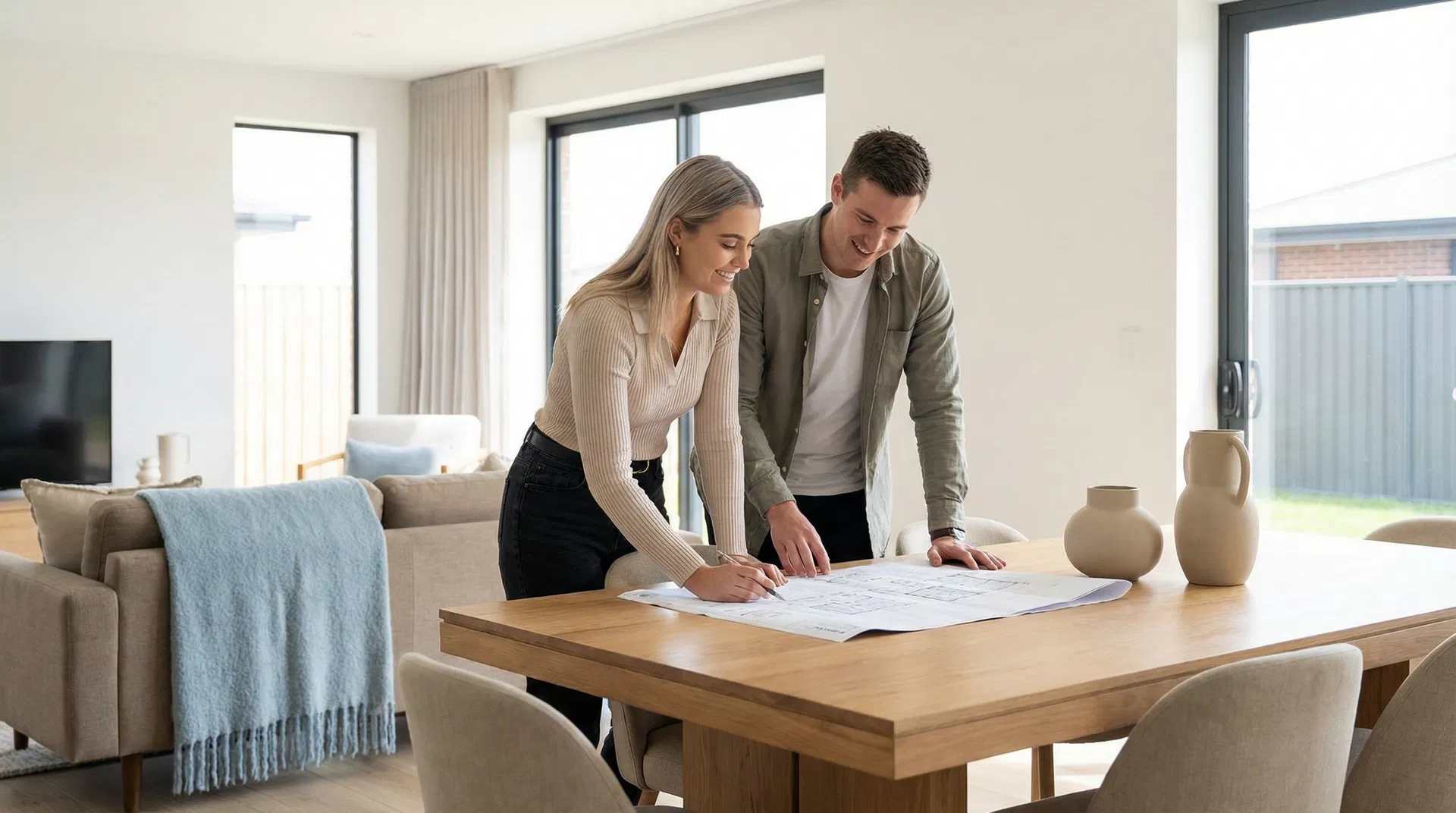 Hauskauf ohne Makler - Paar bespricht Hausplan zusammen
