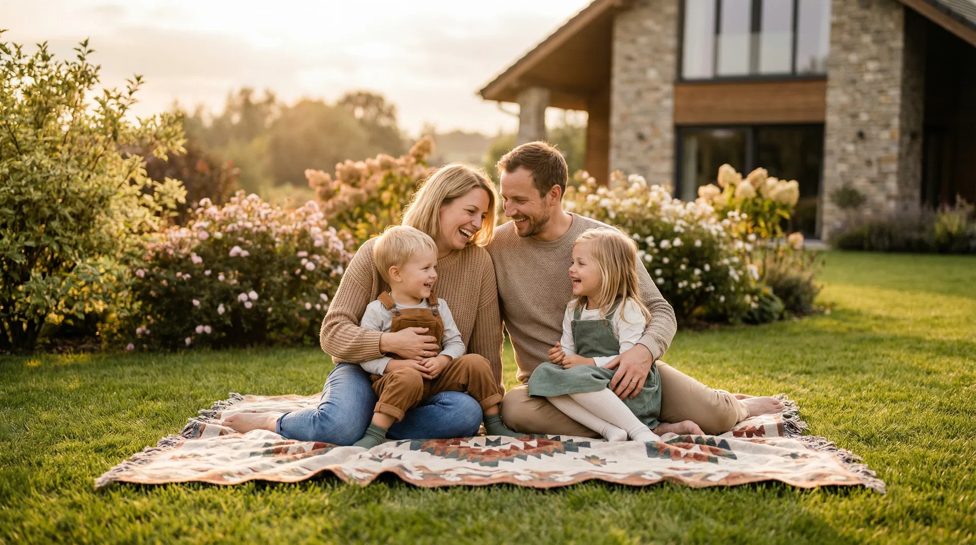 Glückliche Familie mit zwei Kindern im Garten ihres neuen Eigenheims - der Traum vom eigenen Zuhause ist wahr geworden