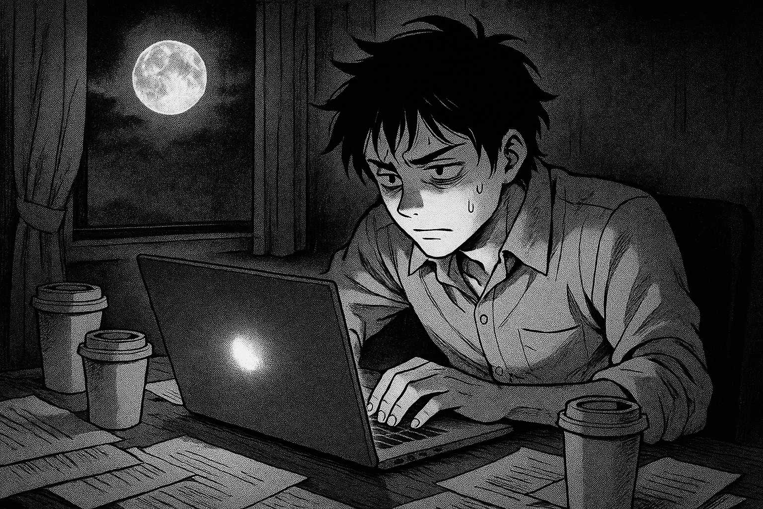 夜中にPCで作業する人物