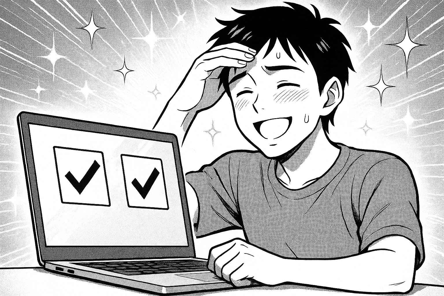 PC画面を見て安堵する人物