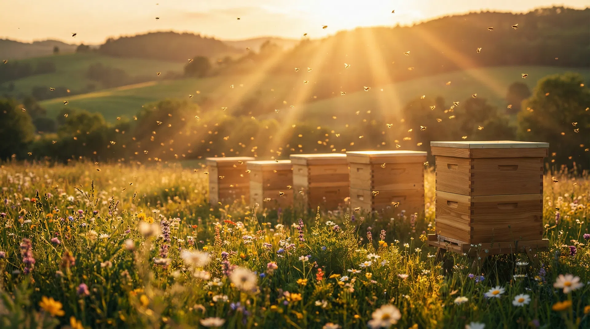 Beekeeping for beginners — sunlit apiary with beehives in a flower meadow
