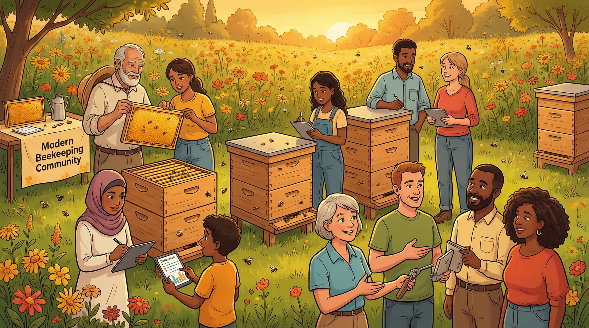Beekeeping community — diverse group of beekeepers sharing tips and learning together