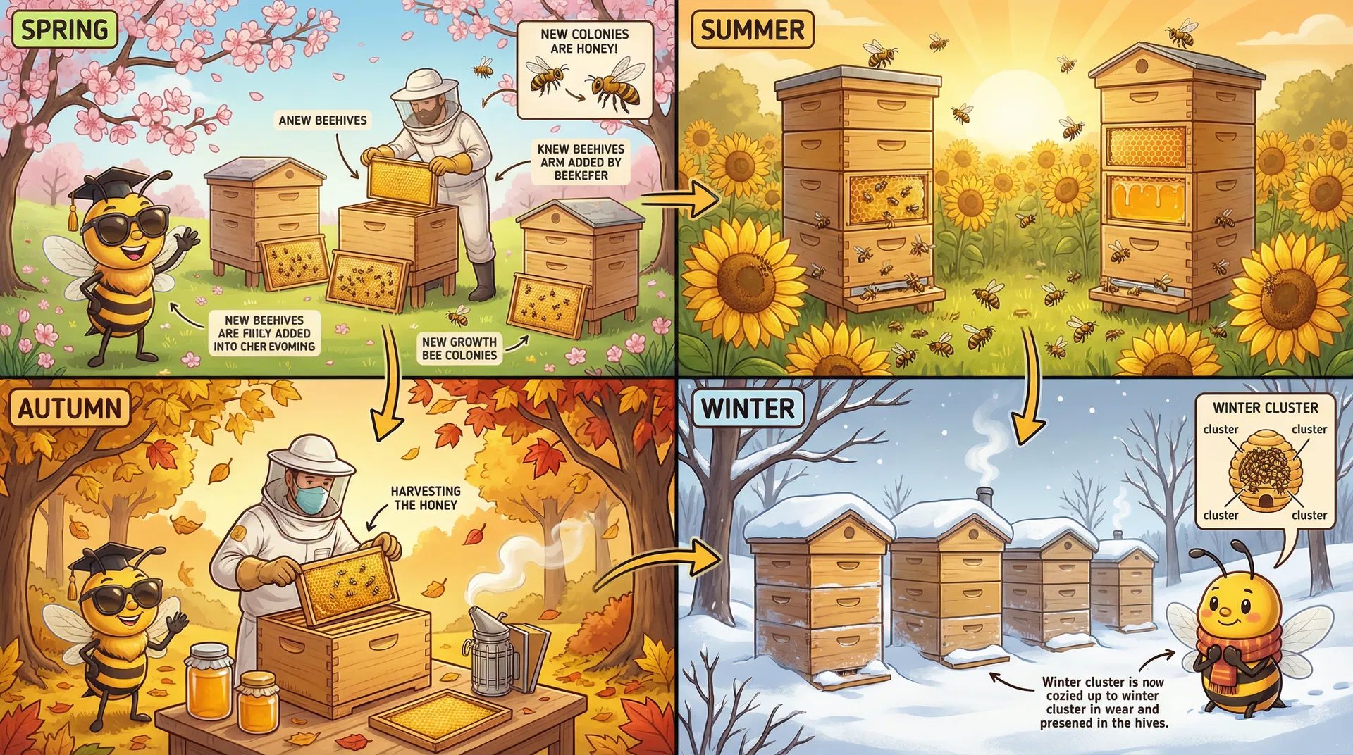 Seasonal beekeeping guide — spring, summer, autumn and winter hive management tips