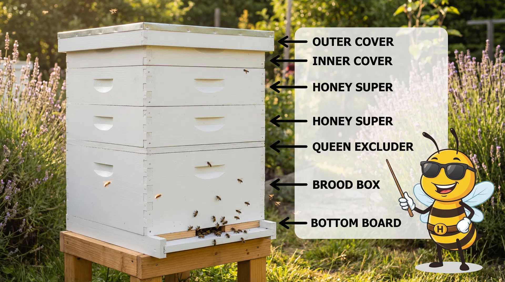 Detailed diagram of a Langstroth beehive showing all components: outer cover, inner cover, honey supers, queen excluder, brood box, and bottom board