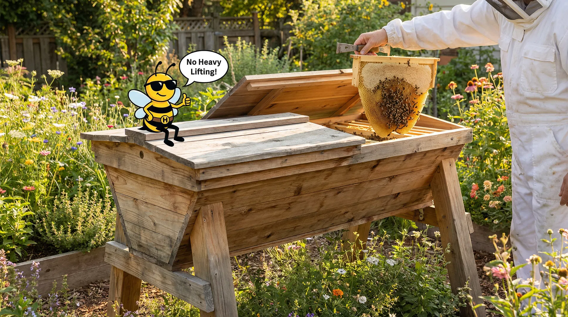 Kenya Top Bar Hive in a backyard garden with a beekeeper lifting a single top bar showing natural honeycomb