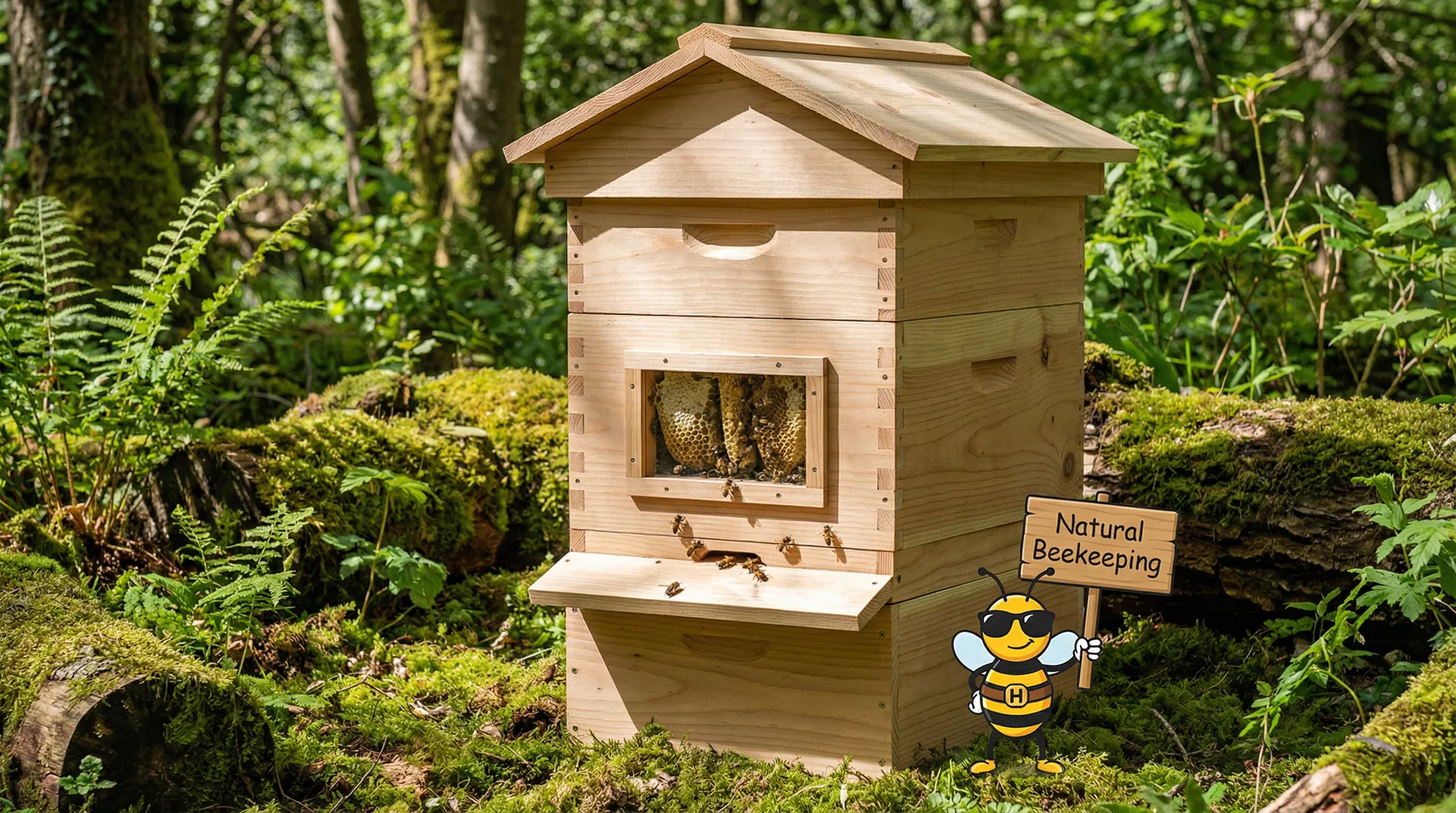 Warré hive in a natural woodland setting with peaked roof, observation window showing natural honeycomb, and Natural Beekeeping sign