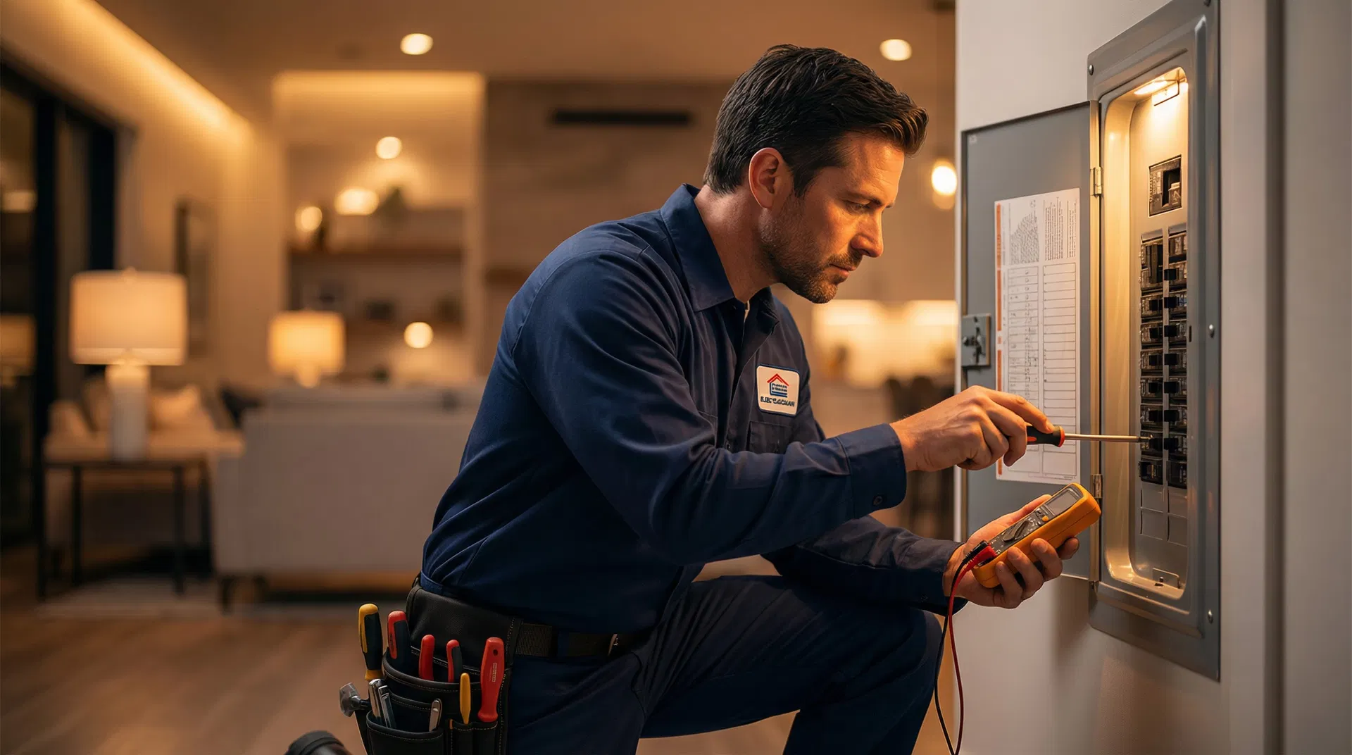 Professional electrician working on electrical panel