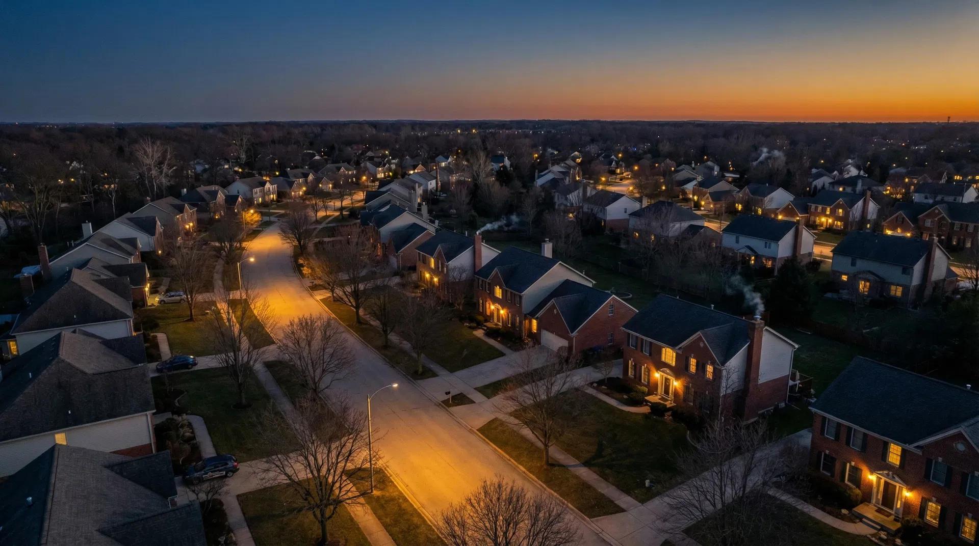 Northwest Indiana neighborhood at twilight