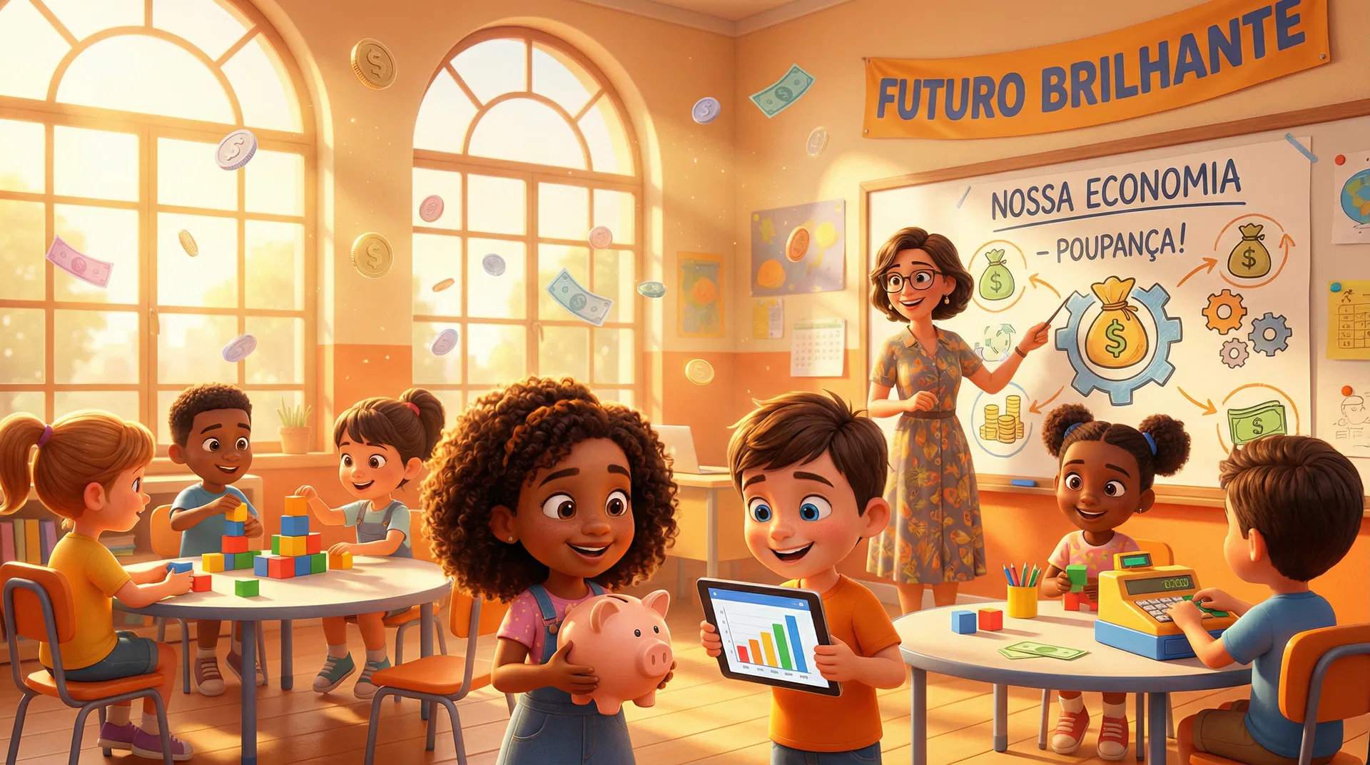 Crianças aprendendo educação financeira