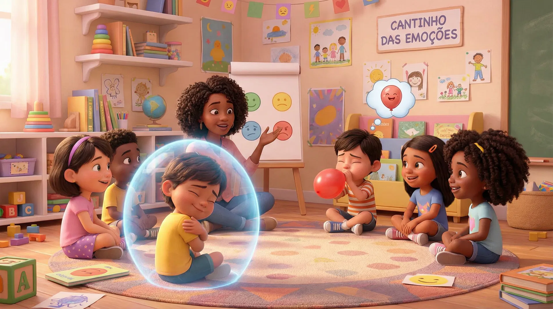 Crianças aprendendo sobre emoções em sala de aula