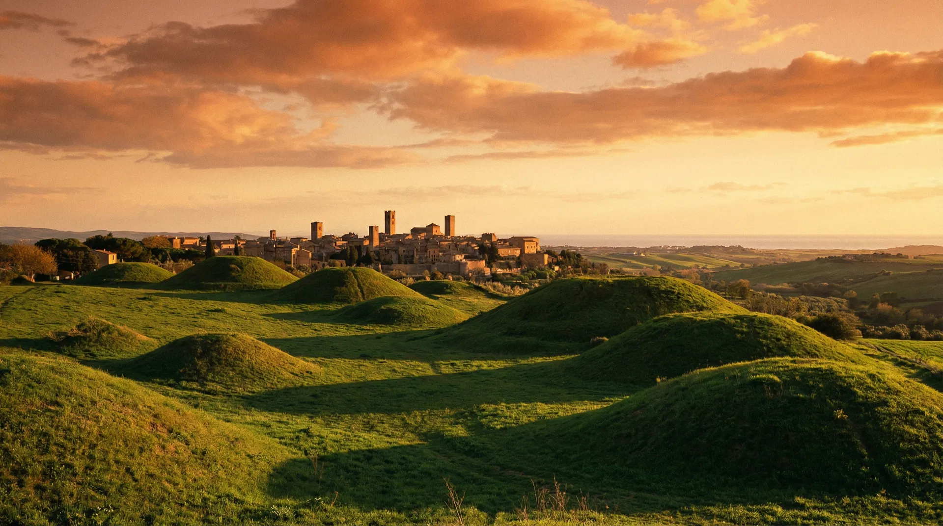 Panorama della necropoli di Tarquinia al tramonto con i tumuli e il borgo medievale sullo sfondo