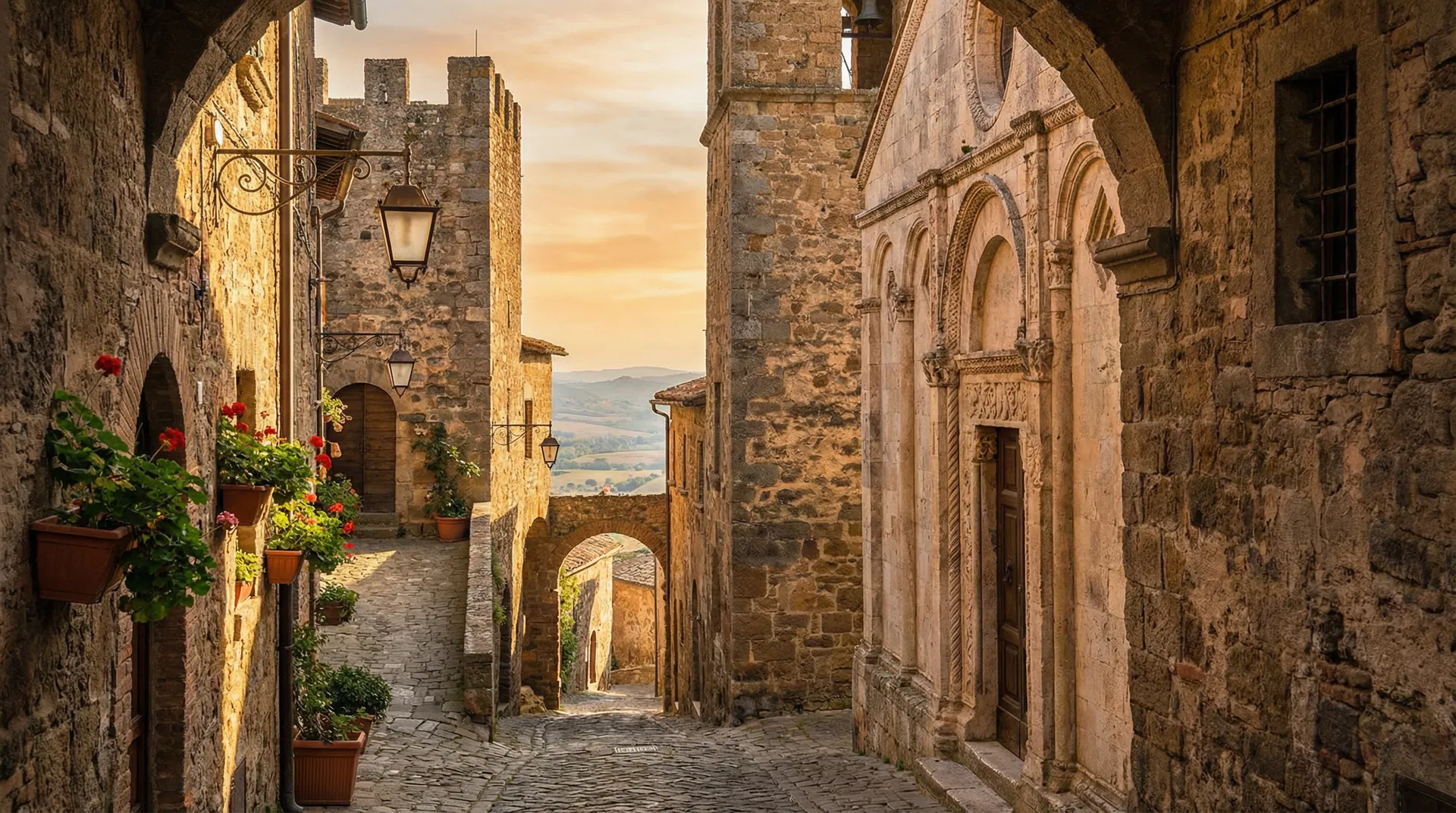 Vicolo medievale nel centro storico di Tarquinia con torri, archi in pietra e lanterne in ferro battuto