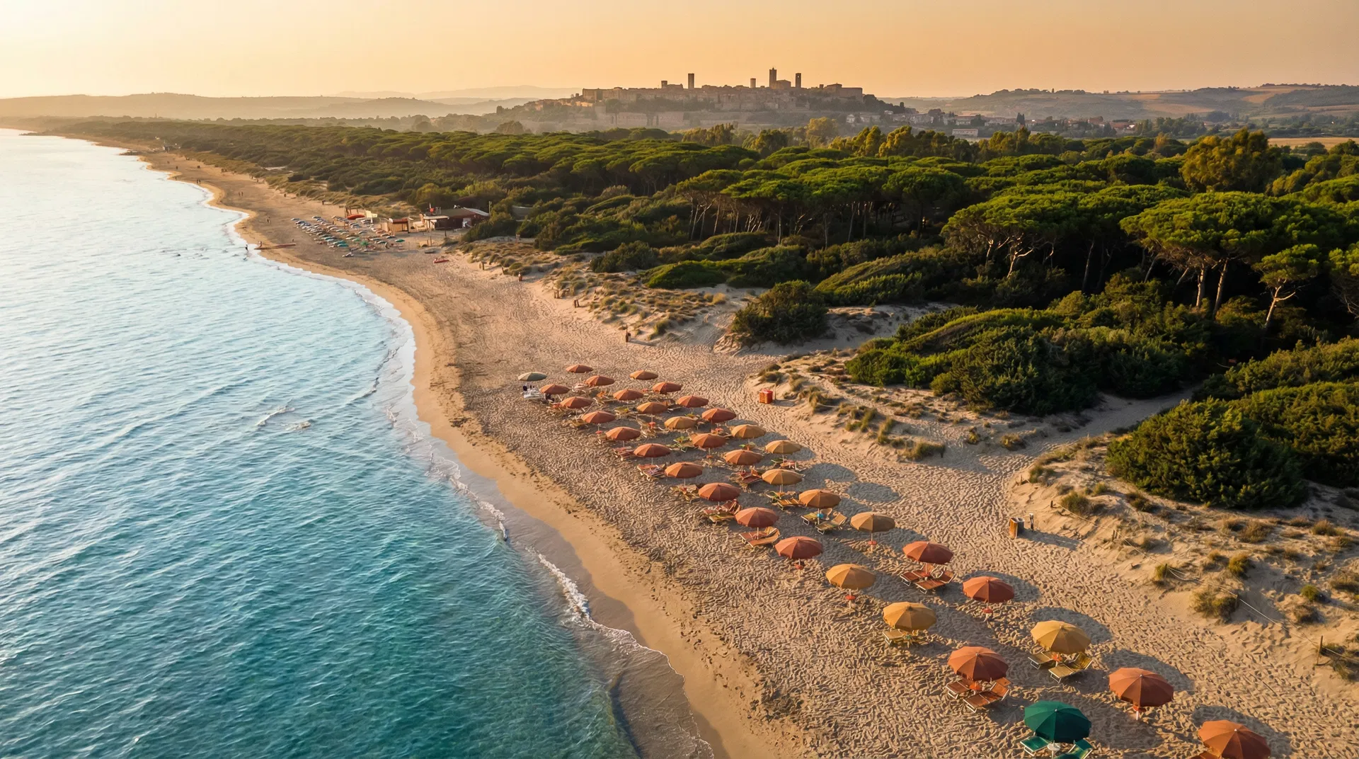Vista aerea della spiaggia di Tarquinia Lido con ombrelloni, mare turchese e il borgo medievale sullo sfondo