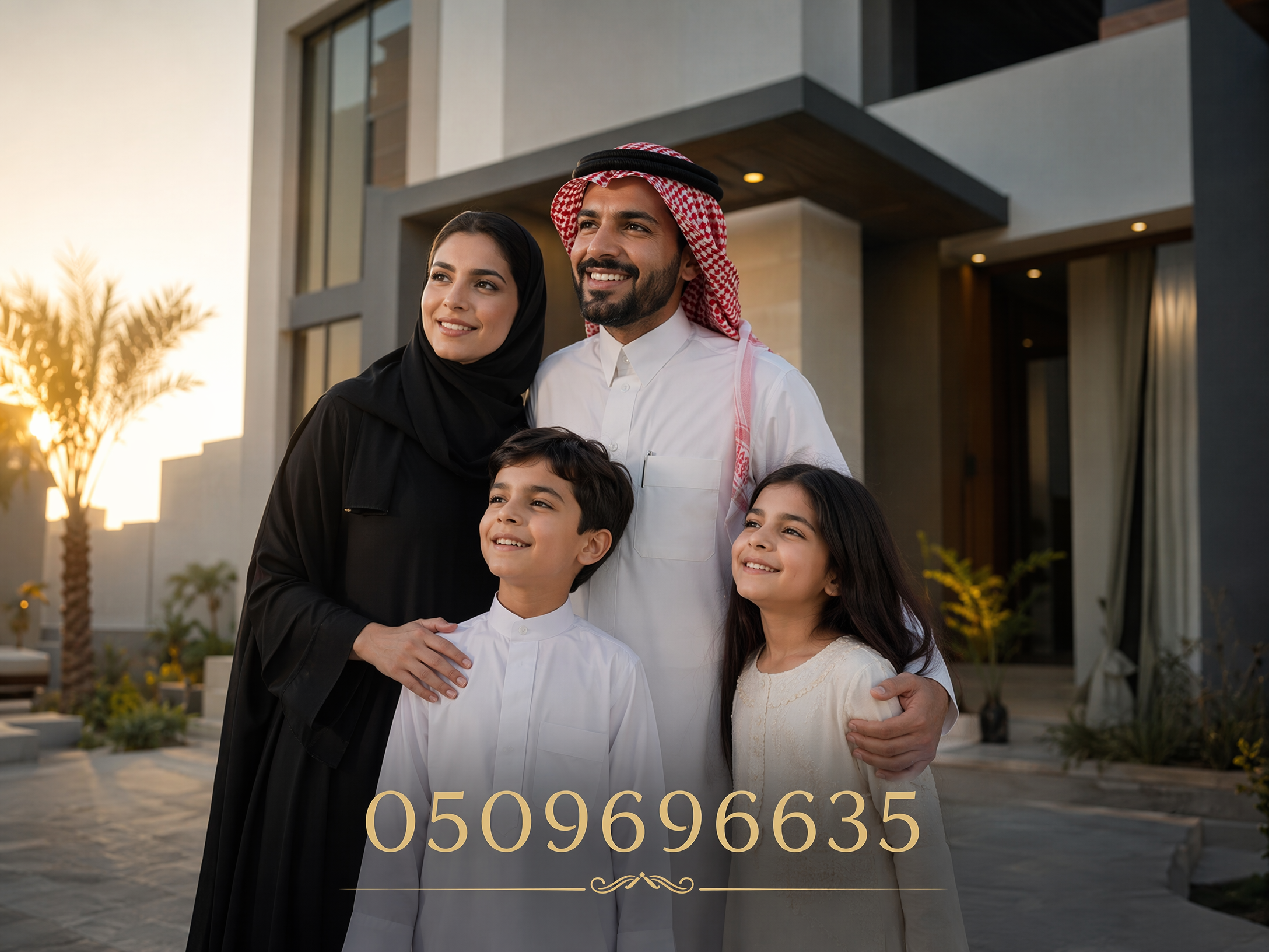 صورة لعائلة سعودية سعيدة أمام منزل جديد مع رقم الشركة 0509696635