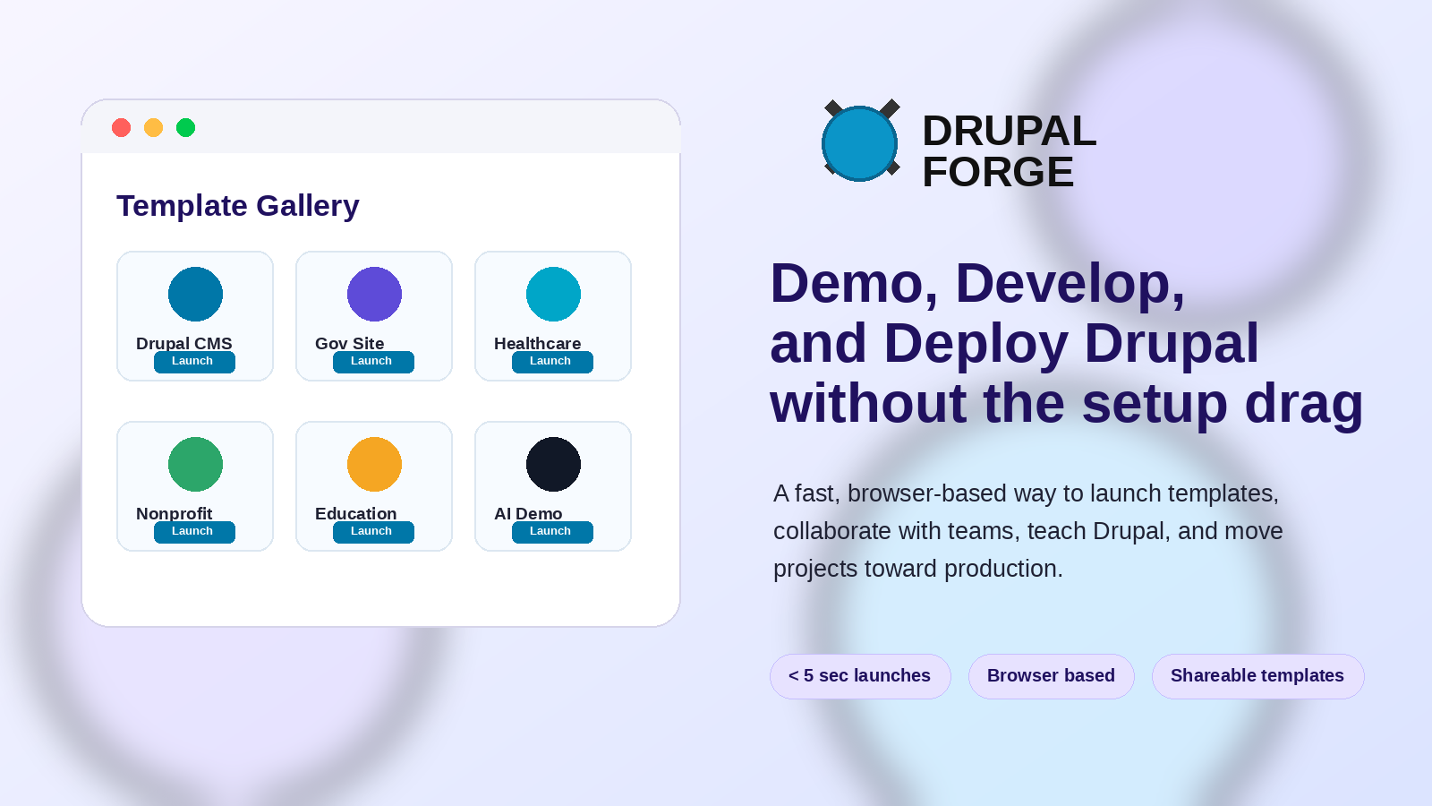 DrupalForge blog hero showing a template gallery and the promise to demo, develop, and deploy Drupal without setup drag