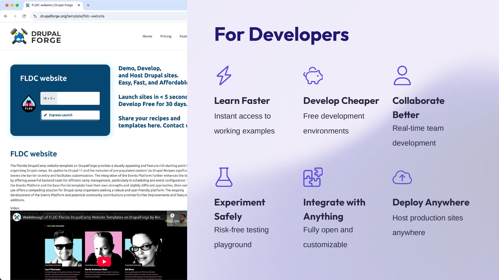 Presentation slide summarizing DrupalForge benefits for developers, including faster learning, cheaper development, collaboration, safe experimentation, integrations, and deployment freedom
