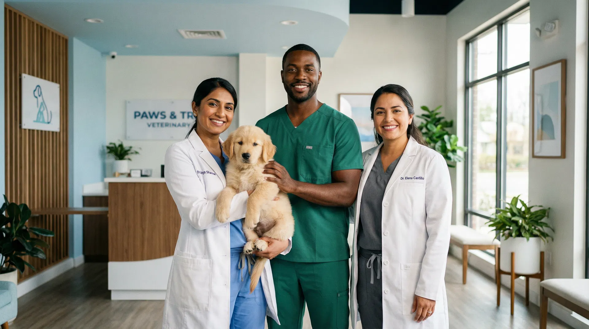 Happy veterinary team in modern clinic