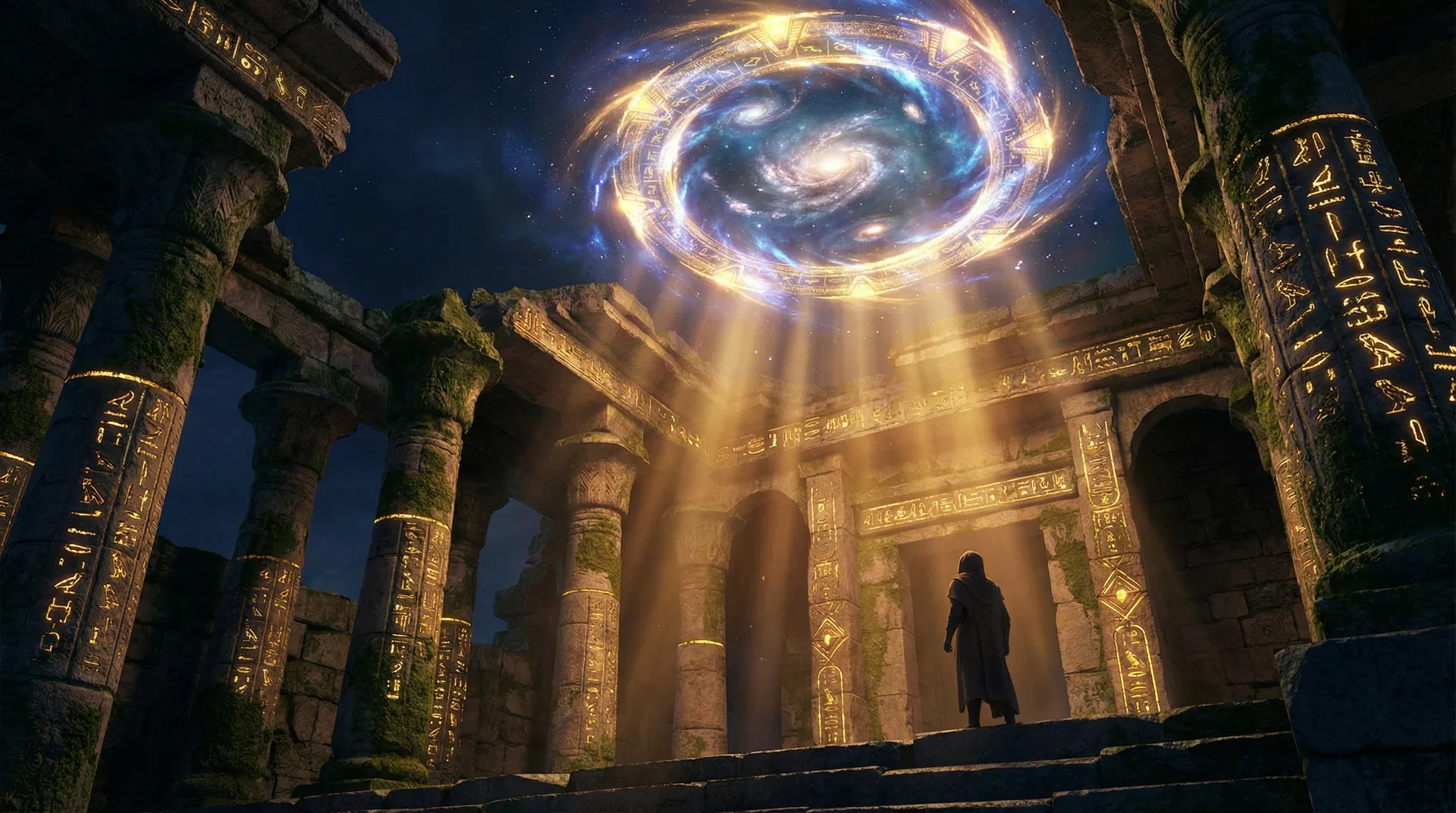 Ancient temple ruins with cosmic stargate portal revealing galaxies and golden hieroglyphic symbols