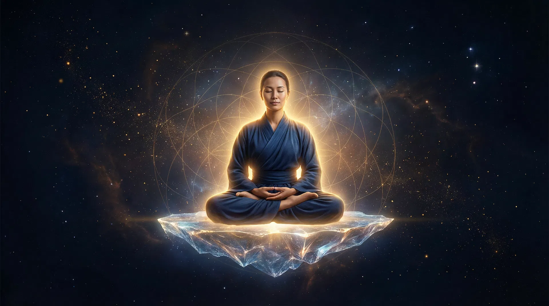 Person meditating in cosmic space with sacred geometry patterns and golden light
