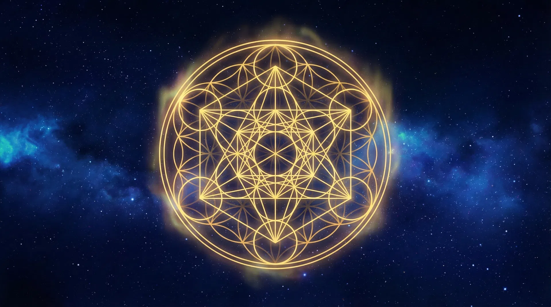 Luminous Metatron's Cube and Flower of Life sacred geometry pattern glowing gold against cosmic background