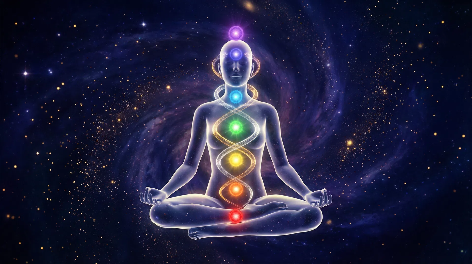 Luminous human figure in meditation with seven glowing chakras and kundalini energy spiraling upward