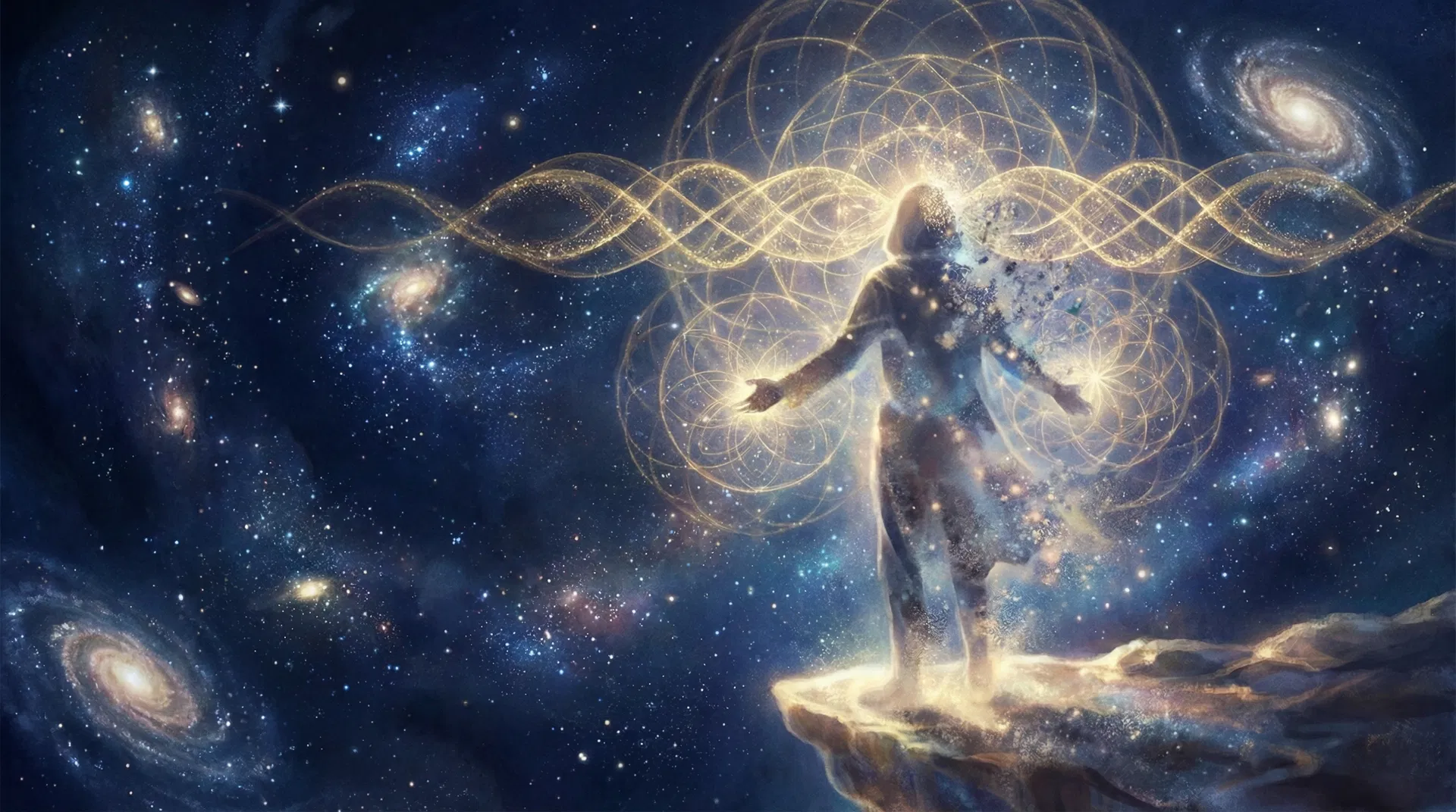 Human figure dissolving into cosmic consciousness with sacred geometry and galaxies