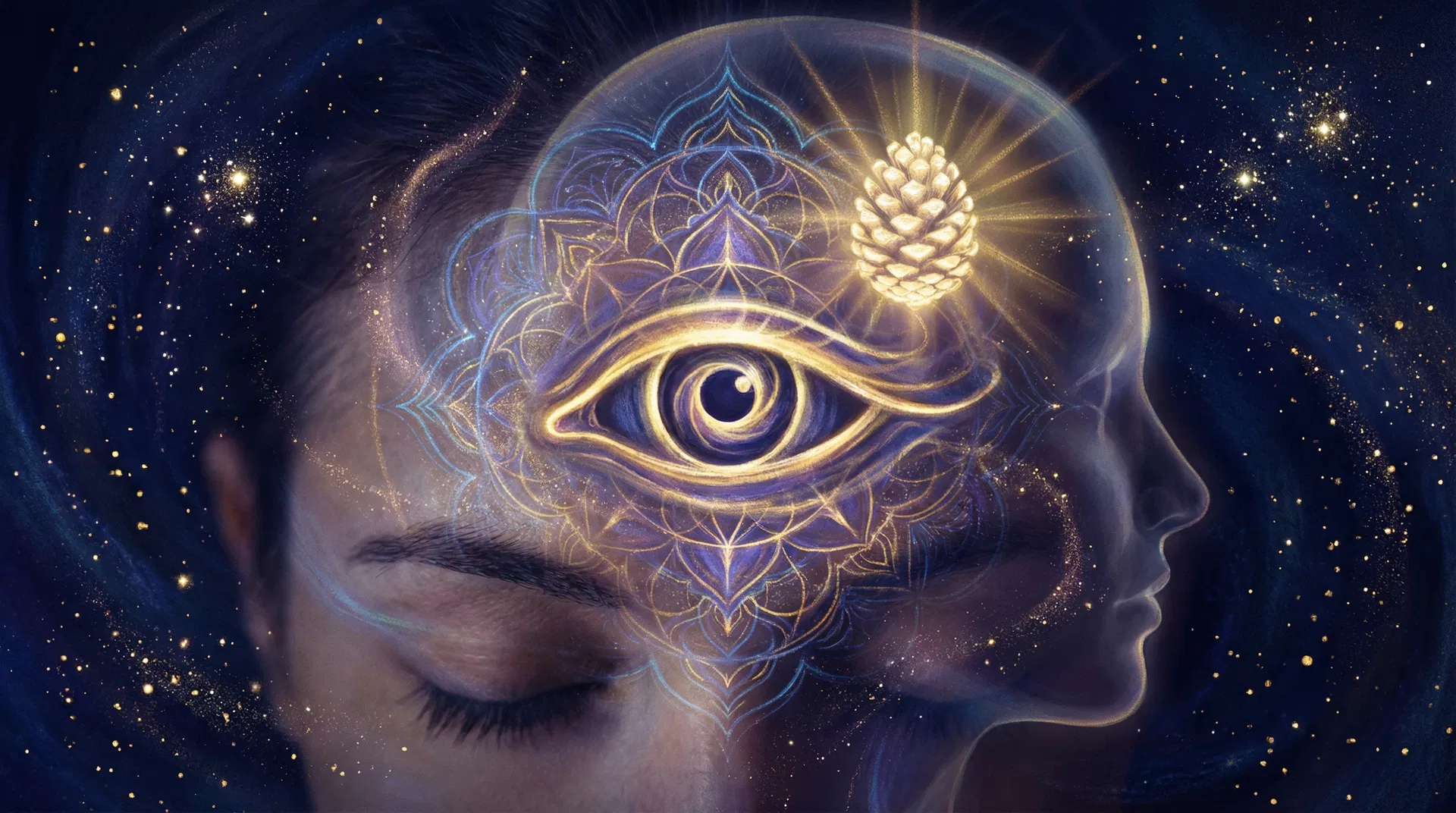 Mystical third eye opening with golden light and sacred geometry patterns surrounding the pineal gland