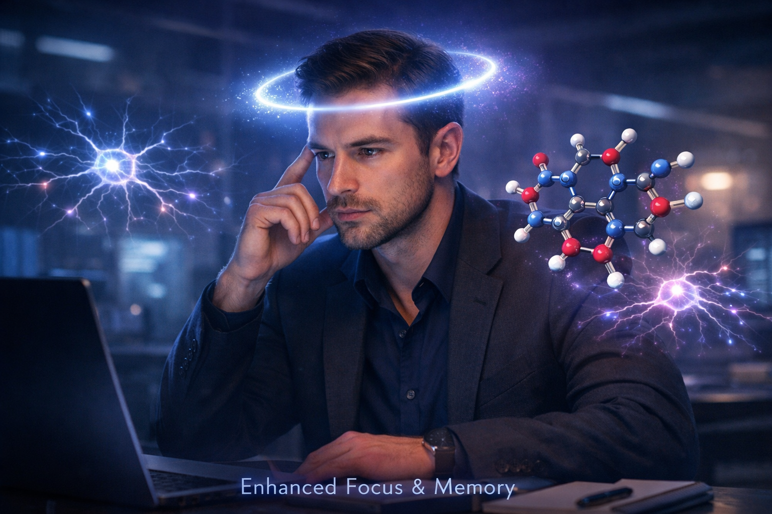 Pessoa com foco intenso e clareza mental simbolizando os efeitos da PQQ.