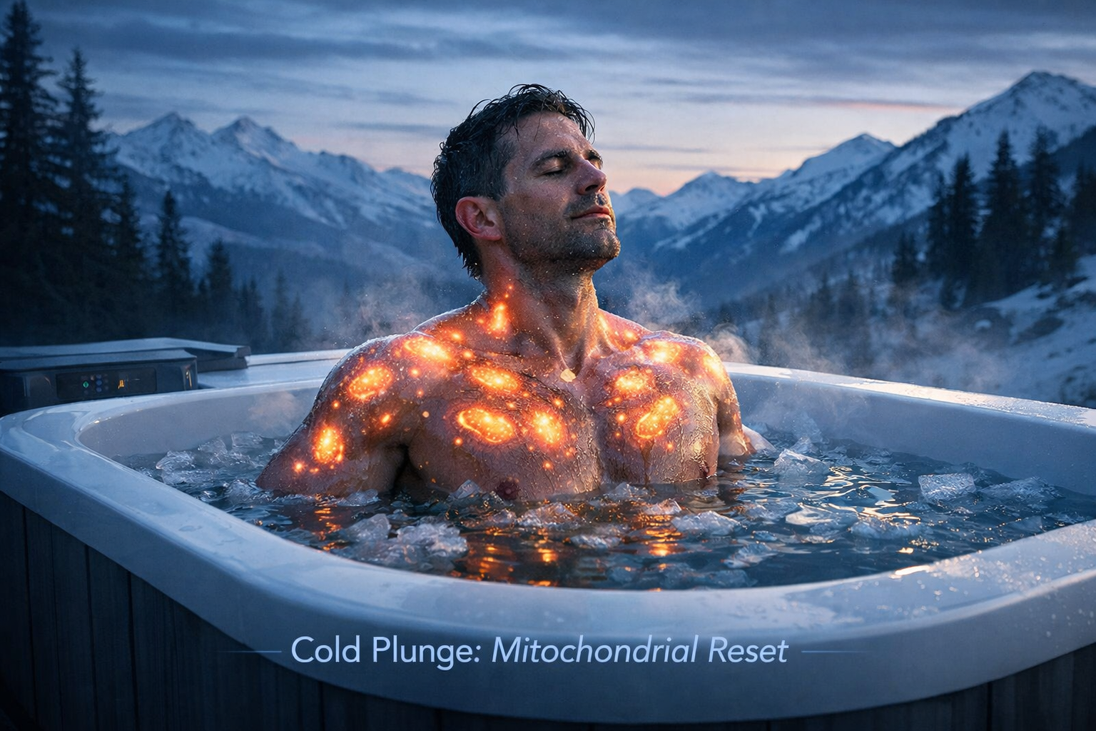 Pessoa imersa em um Cold Plunge com destaque visual para a ativação mitocondrial.