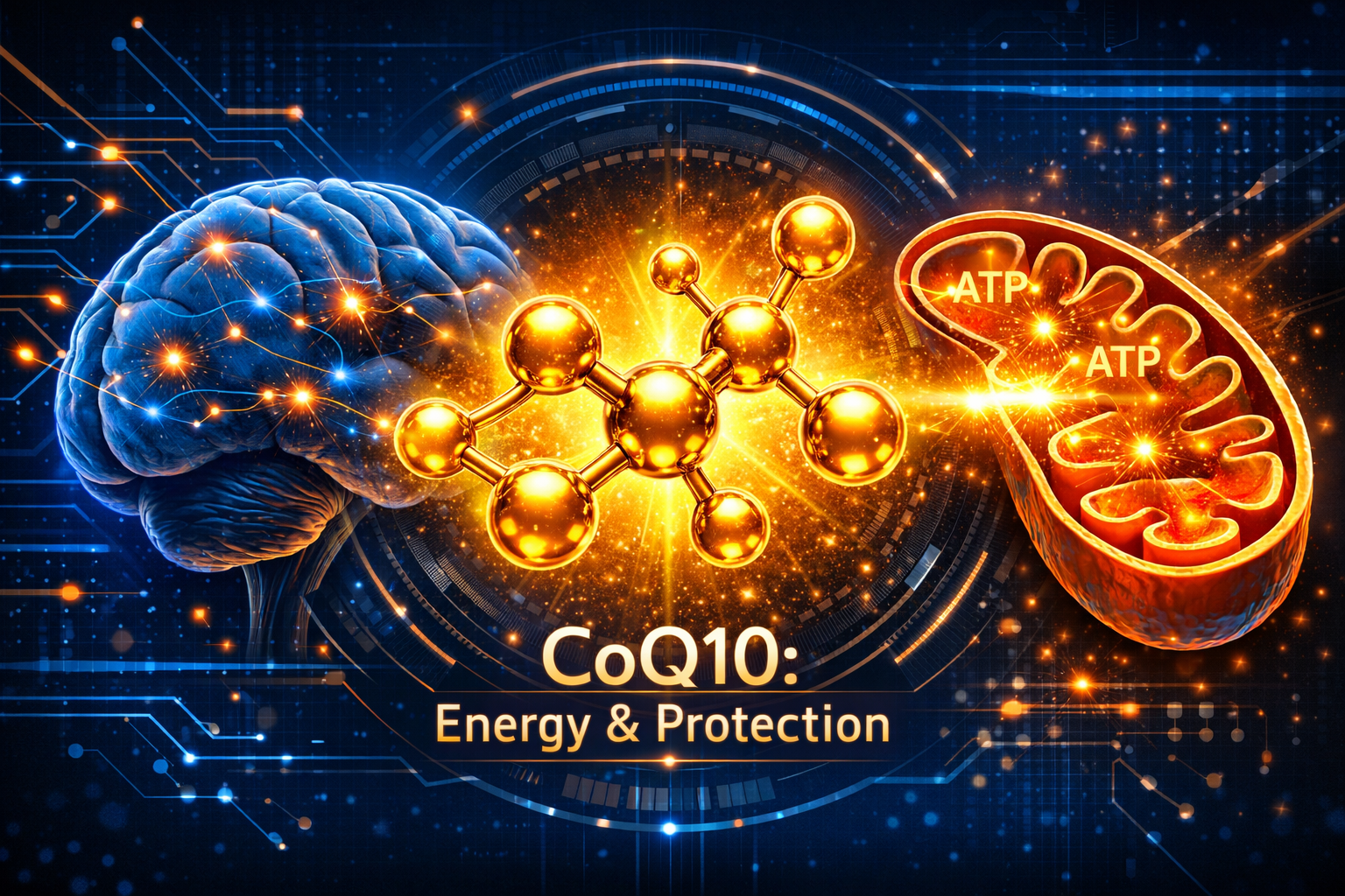 Infográfico mostrando a CoQ10 como ponte entre a energia mitocondrial e a proteção cerebral.