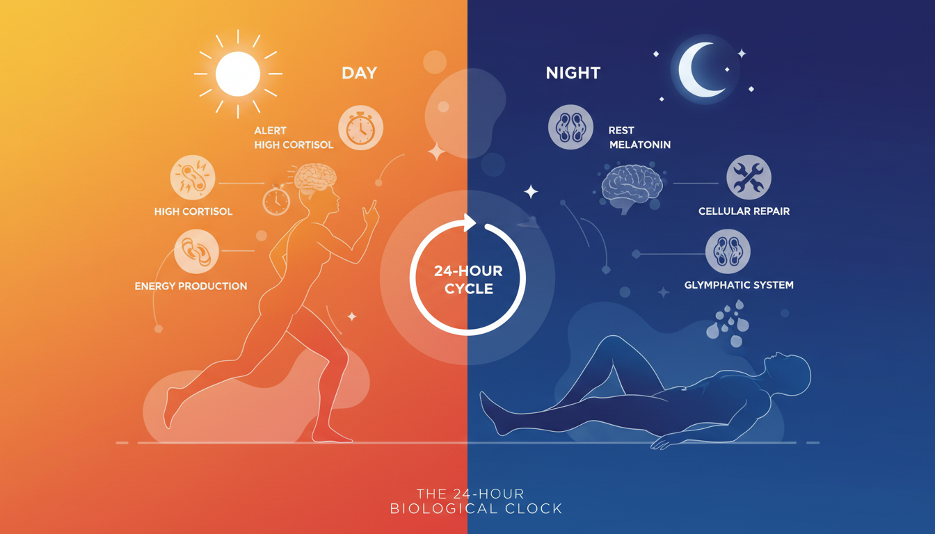 Infográfico do ciclo circadiano de 24 horas e suas funções biológicas.