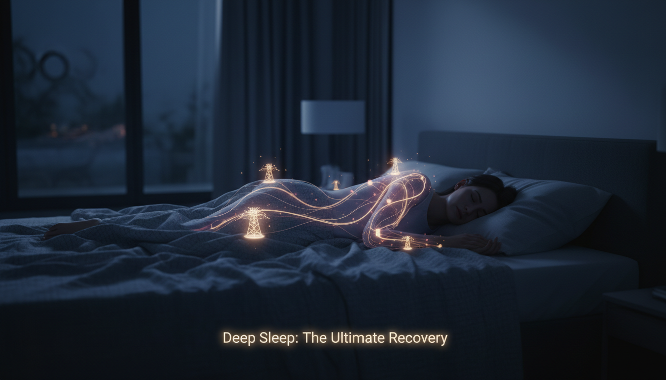 Pessoa dormindo serenamente com representação gráfica de reparo celular e mitocondrial.