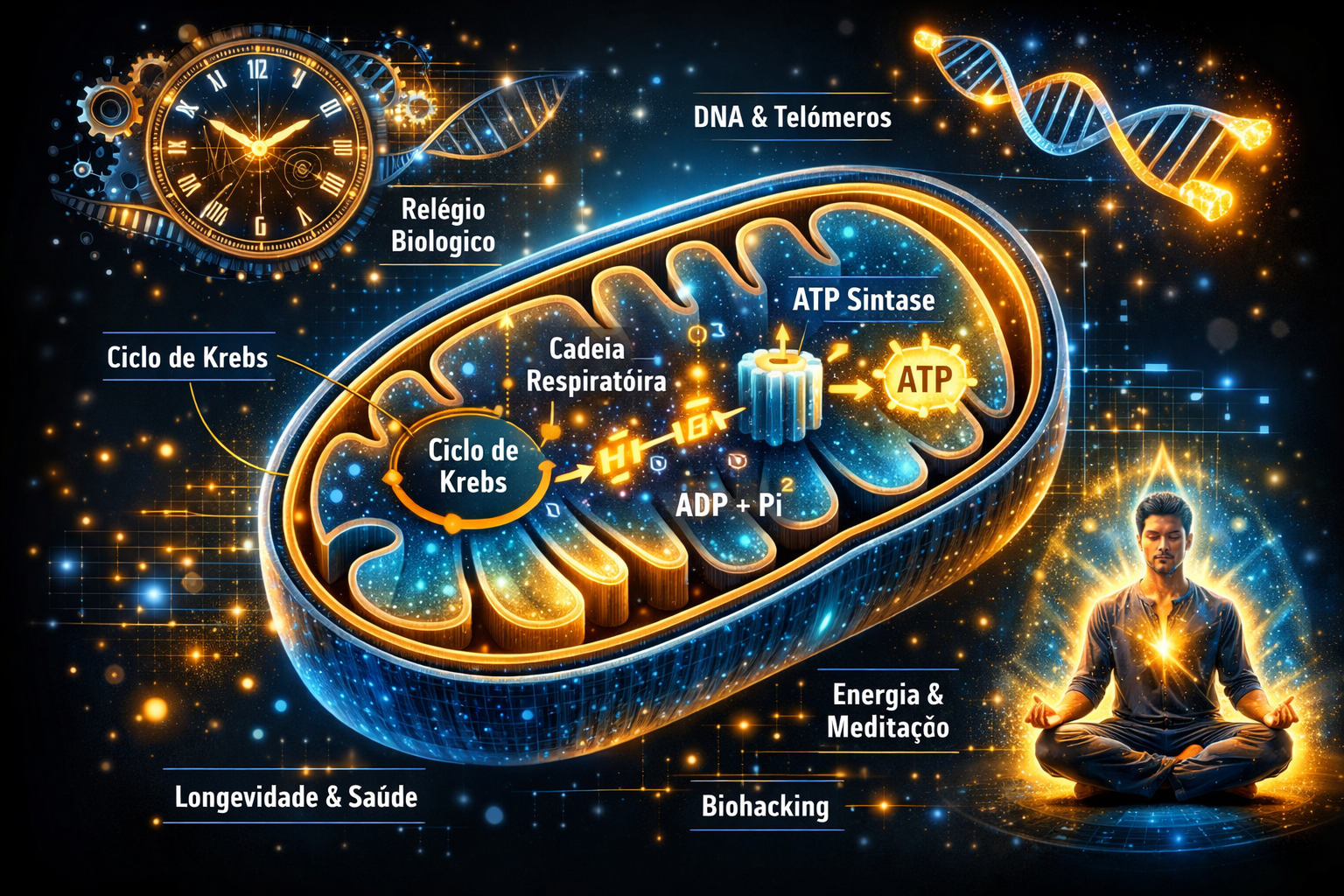 Diagrama conceitual da mitocôndria e seu papel na longevidade.