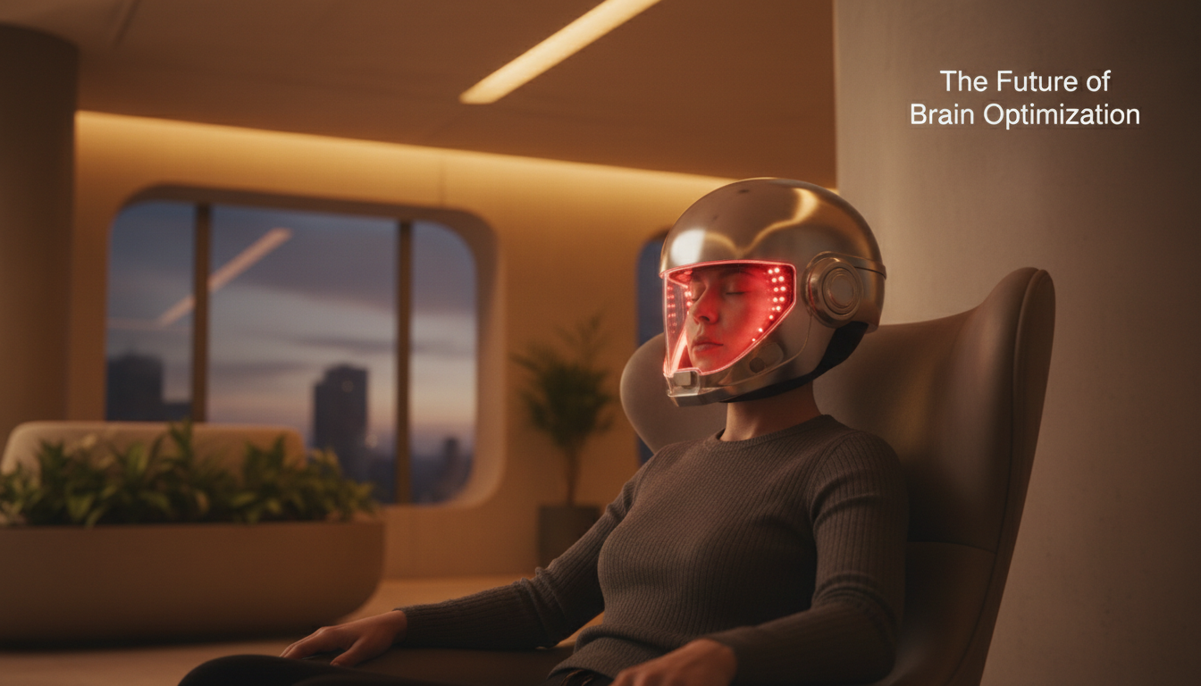 Pessoa usando um capacete de biohacking com luzes LED vermelhas.