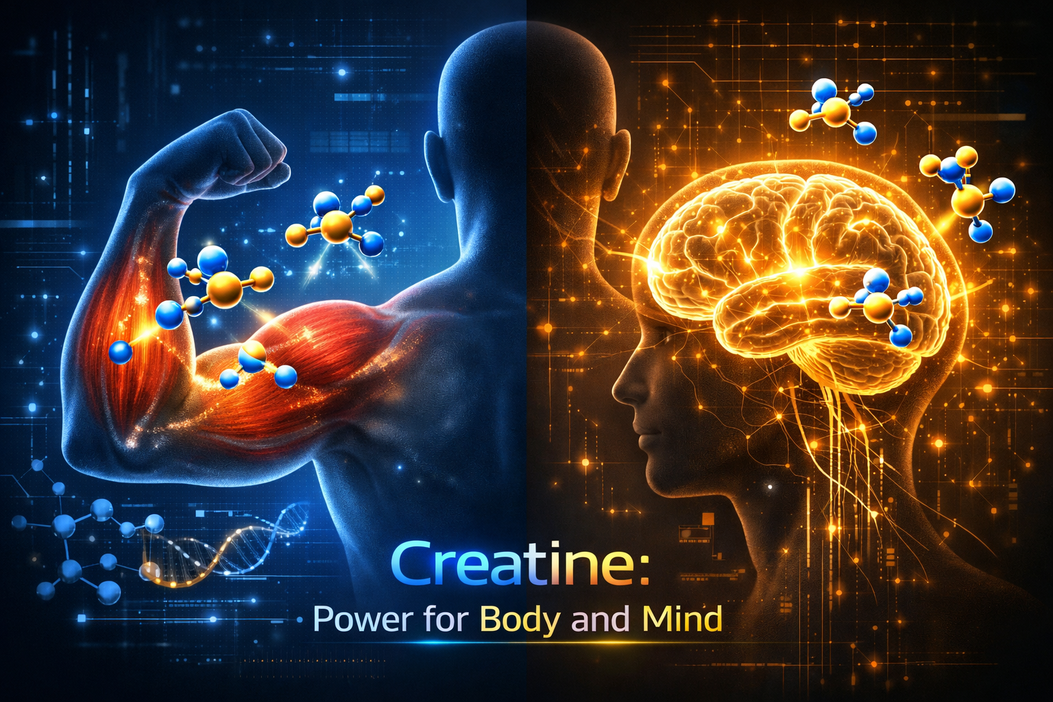 Infográfico mostrando a conexão da creatina entre músculos e cérebro.