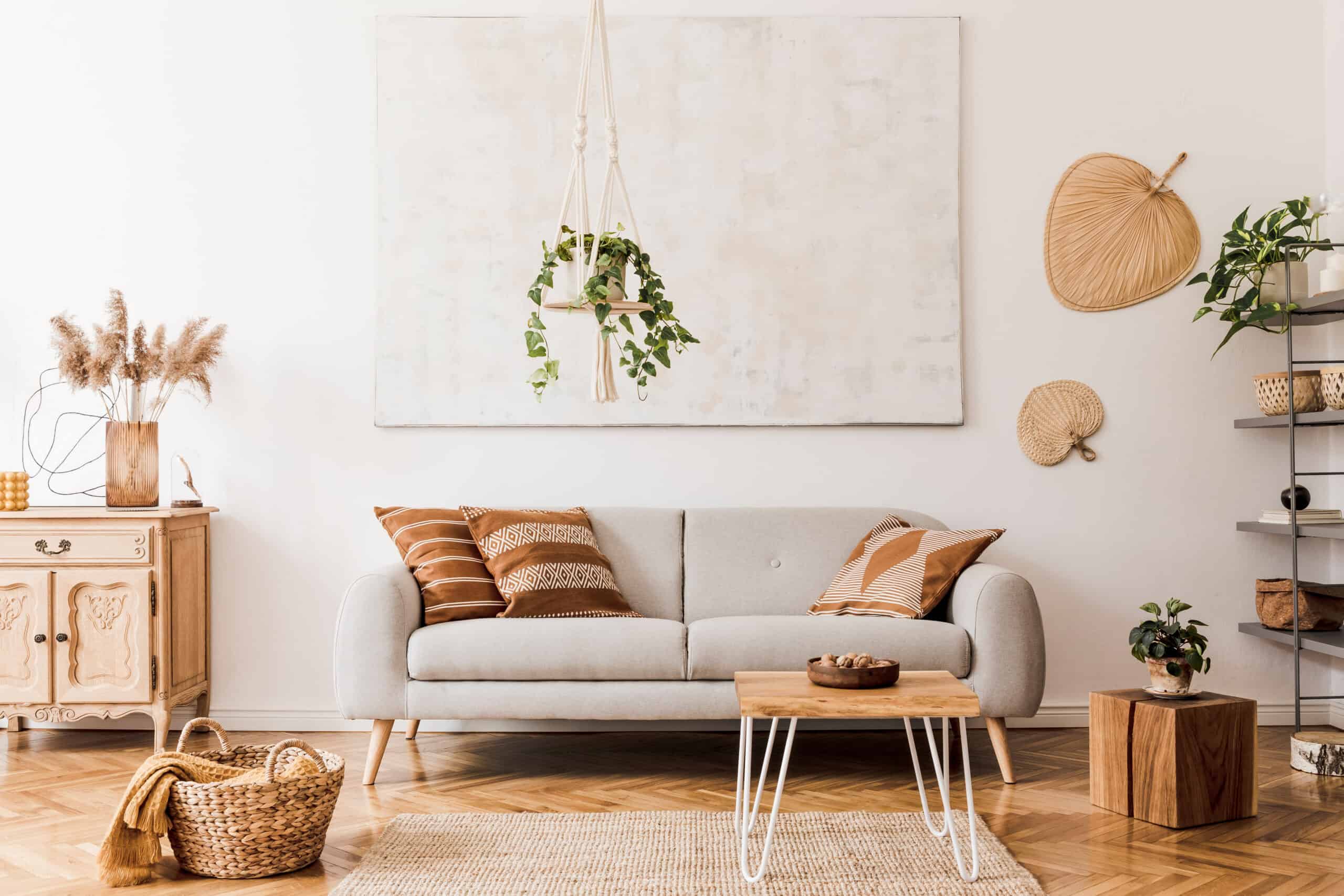 Sala de estar em estilo Boho Chic com tons neutros e elementos naturais