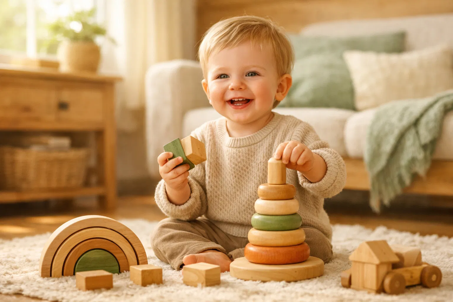Child playing with wooden toys