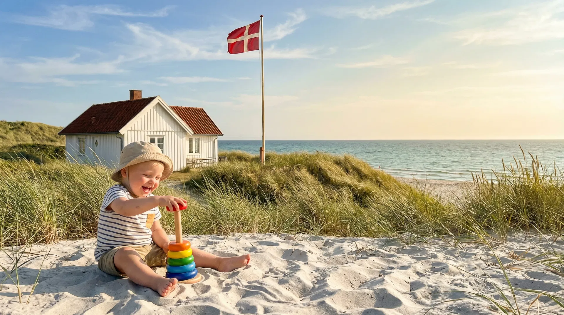 Barn leger med Kinder and Kids vendlegetøj på dansk strand