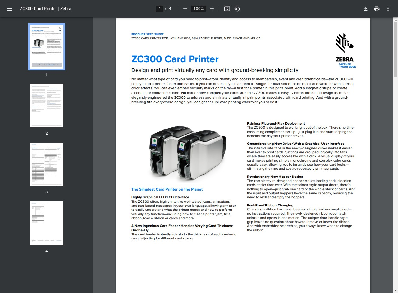 Zebra ZC300 Card Printer - Front View