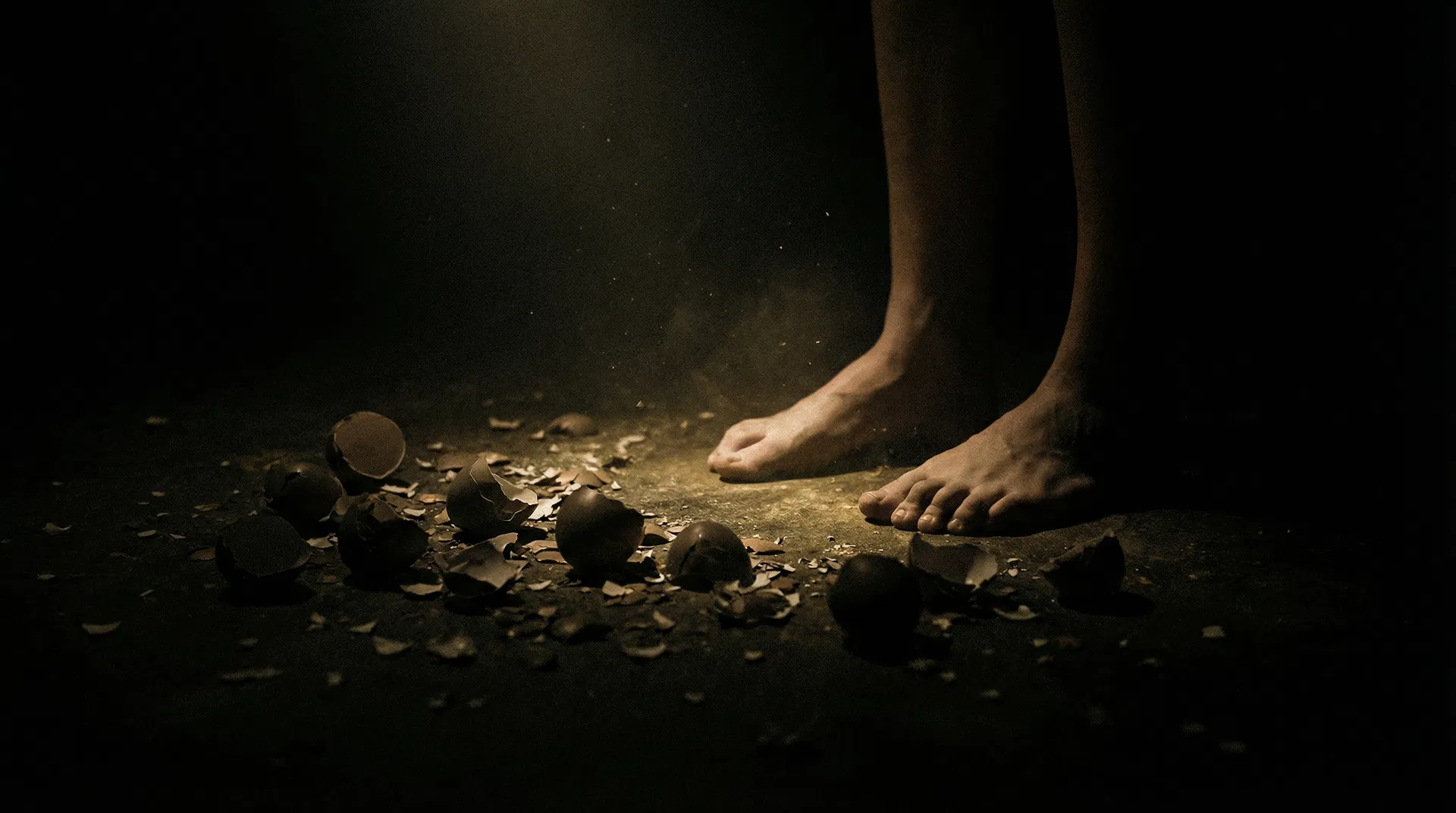 Pés descalços pisando em ovos quebrados simbolizando vigilância constante